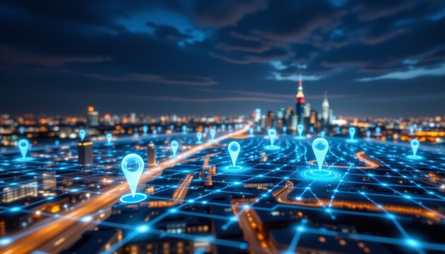 Smart logistics visualization in urban landscape futuristic city digital network map close-up technological advancements