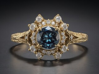 Gold ring featuring an intricate design with a central deep blue gemstone surrounded by a halo of smaller clear diamonds on a dark background.