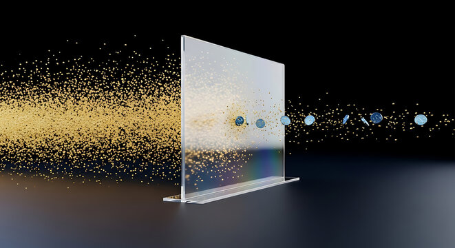Data loss prevention membrane: Glass barrier protecting from a cloud of particles in dark background