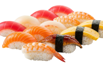 Vibrant array of meticulously crafted traditional Japanese sushi nigiri (tuna, salmon, shrimp, eel, tamago, nori) on pristine, reflective white studio background, soft reflections, bokeh. High-end