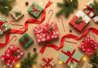 A Christmas Still Life with Gifts and Candy Canes.