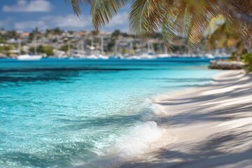 Fototapeta premium Tropical beach scene with turquoise water and palm trees (3)