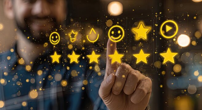 Man's finger touches glowing review stars, emojis