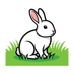 White cartoon rabbit sitting in green grass with pink inner ears and nose bunny white rabbit