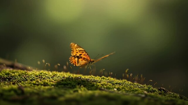 A butterfly hovers over mossy ground, bathed in soft sunlight