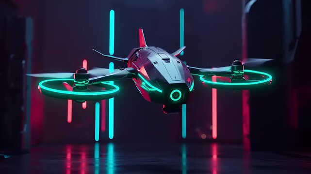 Advanced autonomous robotic drone with glowing turquoise lights on a covert mission in a neon-lit futuristic setting
