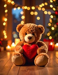 Fototapeta premium Stuffed bear with heart sits in lit room, decoration for love, gift