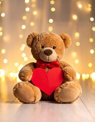Fototapeta premium Stuffed bear with heart sits in lit room, decoration for love, gift
