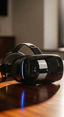 Virtual Reality Headset on Wooden Table - Immersive Technology Experience.