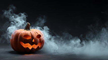 Spooky Halloween pumpkin with eerie smoke, glowing eyes, and jagged mouth in dark setting