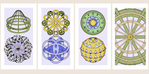 Collection of abstract geometric ornamental designs and 3d shapes with pastel backgrounds