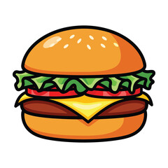 Cartoon hamburger with sesame seeds on bun lettuce tomato and cheese cheeseburger food