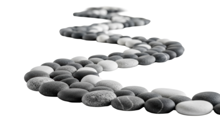 Winding path of varied grey, charcoal, white river pebbles on a transparent reflective surface with reflections, soft studio light, creamy bokeh, low-angle, close-up. Concept of zen harmony