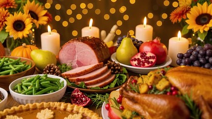 Vibrant Thanksgiving dinner spread featuring roast turkey, pie, ham, green beans, fruit, and festive candles with autumn floral decor.
