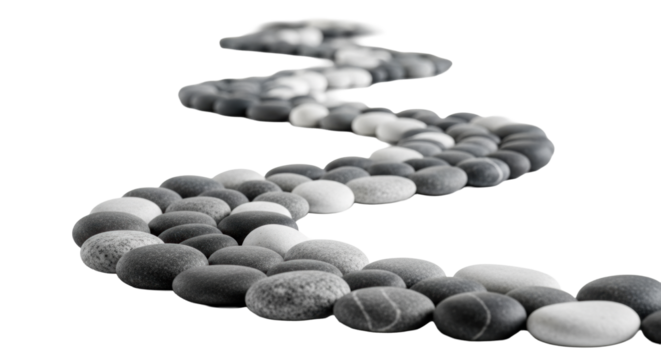 Winding path of varied grey, charcoal, white river pebbles on a transparent reflective surface with reflections, soft studio light, creamy bokeh, low-angle, close-up. Concept of zen harmony