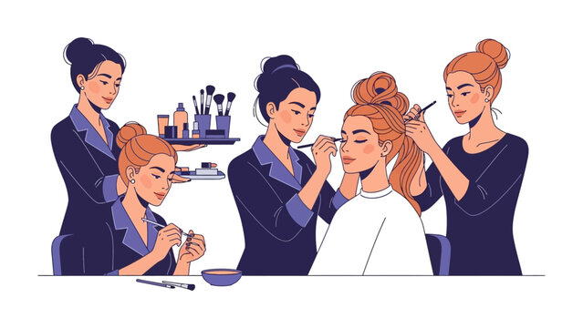 Diverse group of women practicing makeup application and hairstyling in a beauty salon or workshop setting learning new techniques