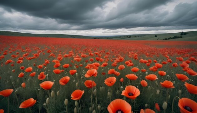 Vibrant field of red poppies under a dramatic, cloudy sky.