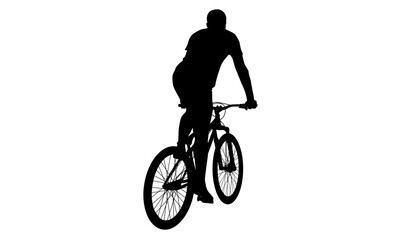 Silhouette of a person riding a mountain bike, viewed from behind, against a white background.