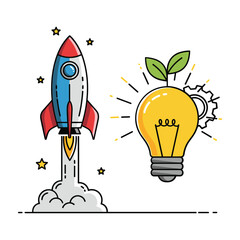 Red blue and white rocket launching next to a yellow light bulb with green leaves and a gear spaceship