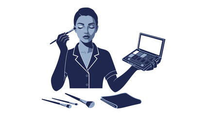 Stylish woman applying eye shadow with a brush holding a makeup palette in a modern illustration style