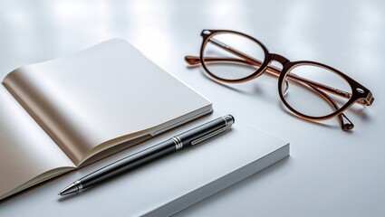 Flat Lay Notebook Pen and Eyeglasses on White