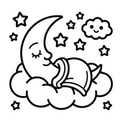 A sleepy crescent moon character rests on a cloud surrounded by stars and a smiling cloud sleeping face © AIGen Studio