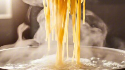 Cooking fresh spaghetti noodles in boiling water A close-up shot of pasta falling into a pot with steam rising, capturing delicious food