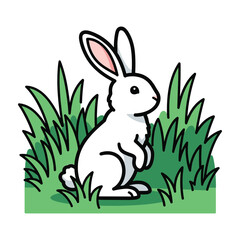 White rabbit sitting in green grass cartoon illustration bunny