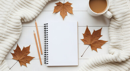 Blank Spiral Notebook with Pencils, Cozy Knit and Autumn Leaves — Flat Lay