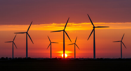 Striking visual design of wind turbines silhouetted against a breathtaking sunset, symbolizing a sustainable future and the powerful generation of clean, renewable energy