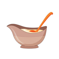 Ceramic gravy boat filled with savory brown gravy and a ladle for a traditional Thanksgiving holiday feast.