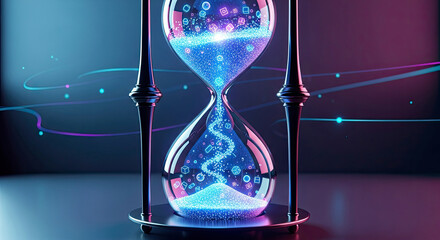 Digital hourglass with glowing data particles, representing the passage of time in a digital age, data processing, and technology evolution