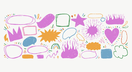 Colorful kid sketchy shapes, cartoon bubbles, fun hand drawn frames. Pencil drawing crayon doodle. Vector charcoal school stickers for notes.