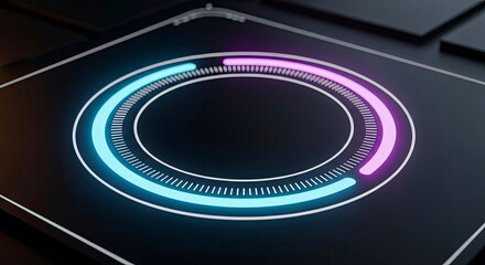 Glowring circular digital progress bar on a dark metallic surface, representing technology, data processing, and modern graphic design