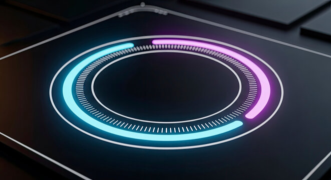 Glowring circular digital progress bar on a dark metallic surface, representing technology, data processing, and modern graphic design