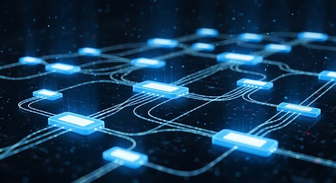 Interconnected Network - Glowing Nodes and Data Flow in Digital Space. - Powered by Adobe