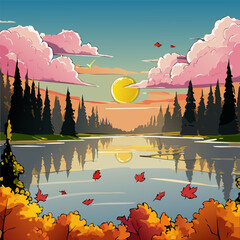 Serene Autumn Sunset: Pink Clouds Reflecting on Calm Lake
