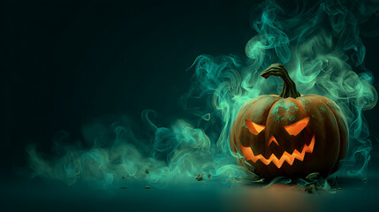 Glowing Jack-o'-Lantern Surrounded by Mysterious Green Smoke on Halloween Night