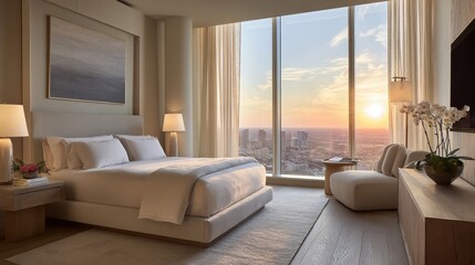Luxurious modern bedroom with city sunset view