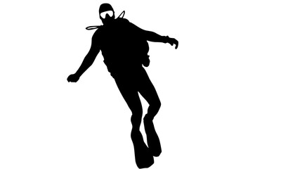 Silhouette of a scuba diver in full gear, appearing to float or swim underwater against a plain white background.