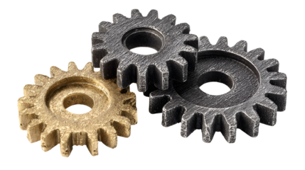 Three interlocking gears made of metal and brass isolated on transparent background