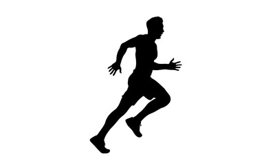 Silhouette of a man running, captured in a dynamic pose against a white background.