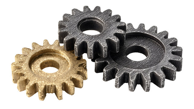 Three interlocking gears made of metal and brass isolated on transparent background