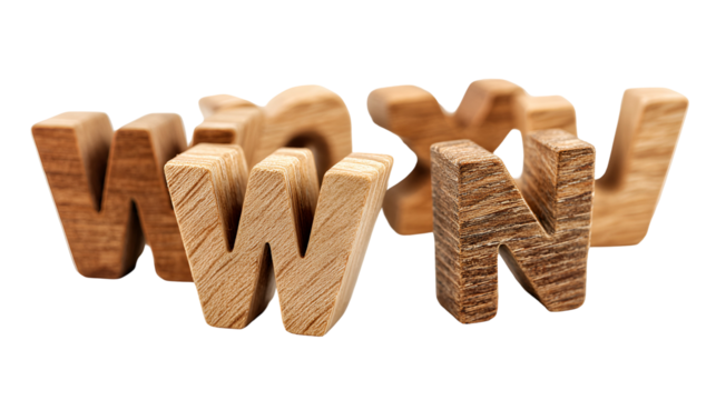 Wooden letters forming the word www isolated on transparent background