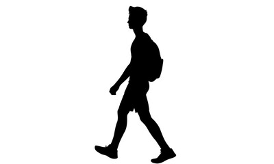 Silhouette of a young man with a backpack walking against a white background.