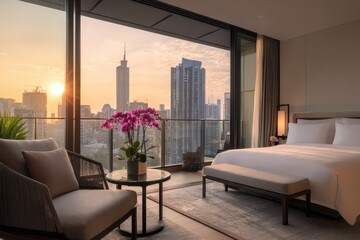 Modern hotel room with city view at sunset