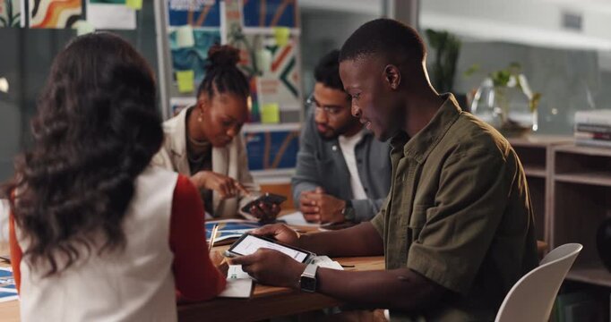 Man, discussion and tablet in office for meeting, creativity or brainstorming with design team. Project manager, technology and report in agency for proposal process, feedback or web campaign agenda