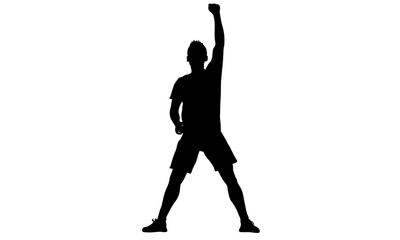 Silhouette of a person with one arm raised in the air, celebrating or cheering.