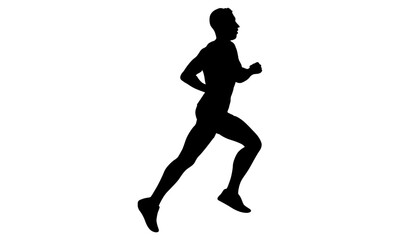 Silhouette of a man running, captured in a dynamic pose against a white background.