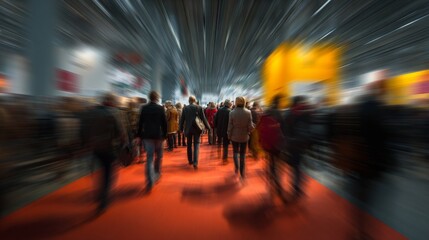 A dynamic scene capturing a bustling crowd moving through an exhibition space, highlighted by vibrant colors and a sense of motion.